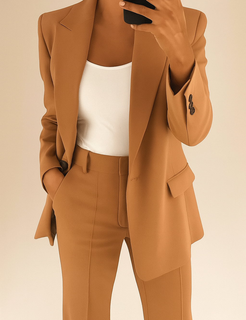 Camel brown tailored blazer with peak lapels and matching high-waisted trousers, paired with a fitted white tank top in a minimalist business casual style.
