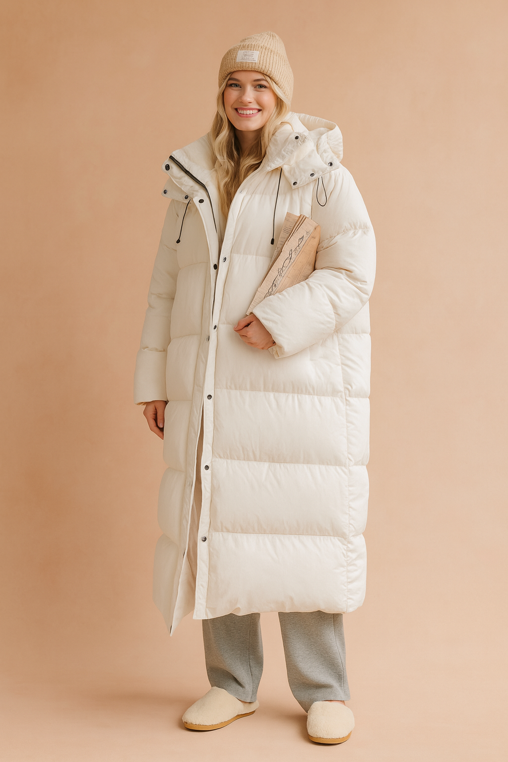 Women's long white puffer down jacket with hood, front button and zip closure, drawstring details, and oversized quilted design for winter wear
