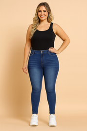 Women’s high-waist jeggings in classic blue wash with button closure and realistic denim stitch details, designed for a flattering slim fit and all-day comfort.