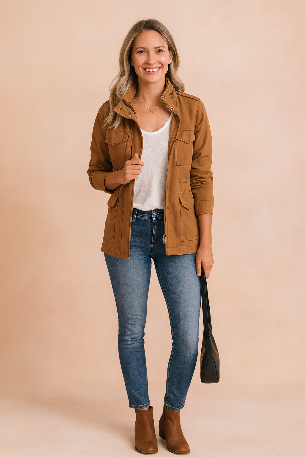 Women’s casual long-sleeve button-up utility jacket with front flap pockets, zip closure, and lightweight design, styled for everyday wear with jeans or casual outfits.