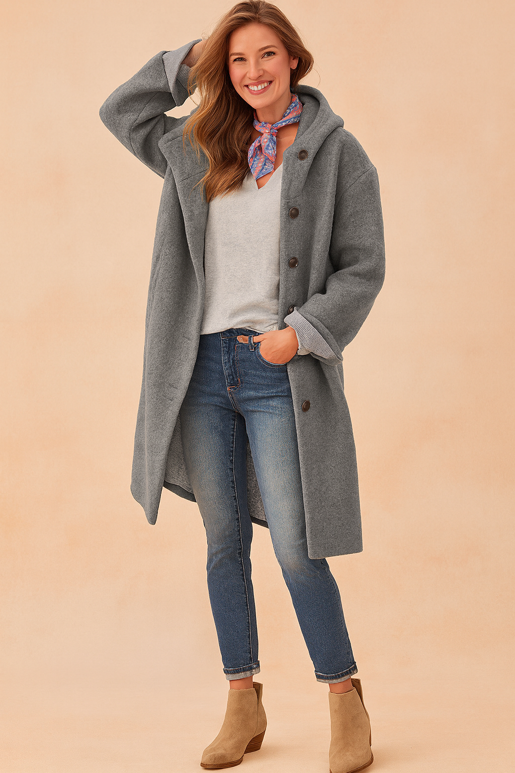 Women's long grey button-up wool coat with relaxed fit, paired with casual jeans and ankle boots, styled with a light grey V-neck top and a colorful neck scarf.