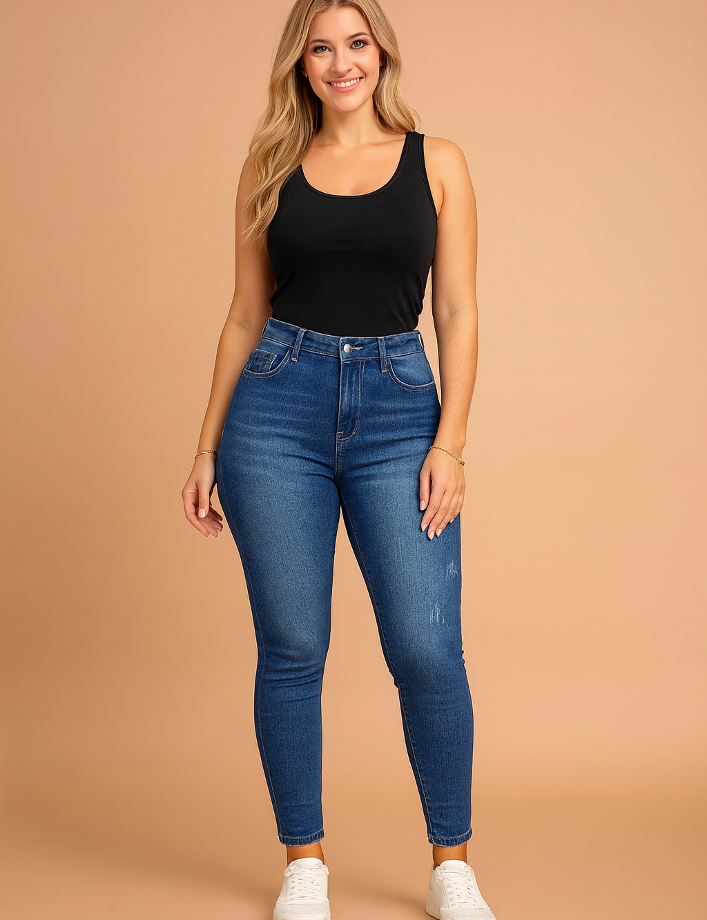 Women’s high-waisted jeggings in classic blue denim wash with subtle fade details, slim-fit cut, faux front pockets, and stretch comfort fabric for an everyday stylish look.