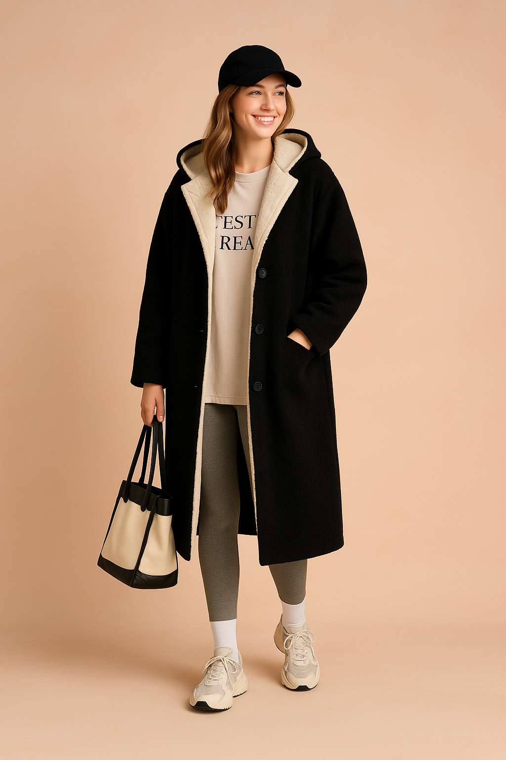 Long black hooded winter coat with cream lining, button closure, oversized fit, styled with casual printed T-shirt, grey leggings, off-white sneakers, and a two-toned tote bag.