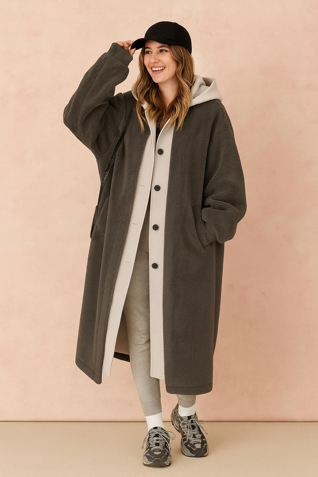 Long oversized hooded winter coat with button closure, inner contrast lining, and relaxed sleeves paired with jogger pants and sneakers.