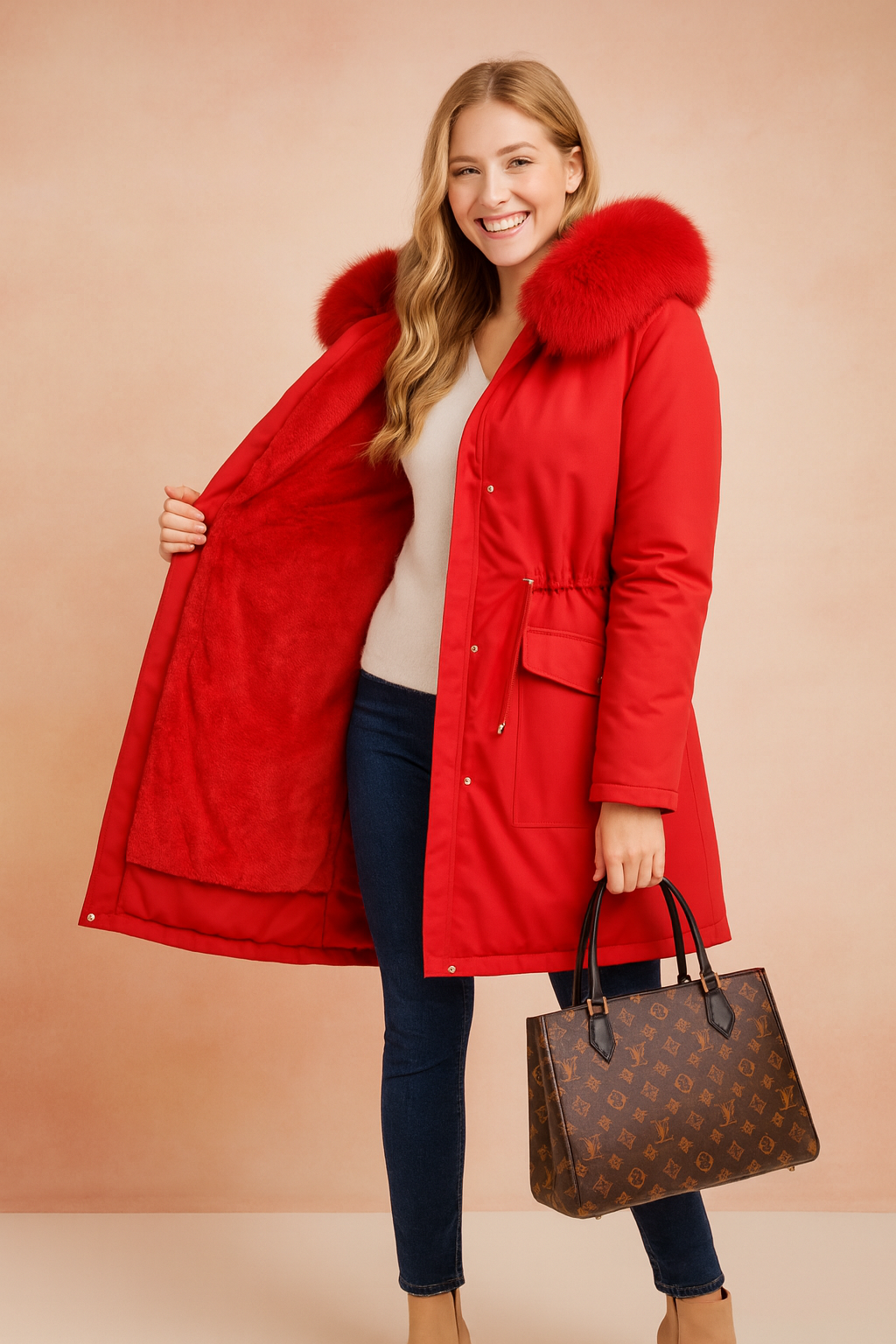 Women's long winter parka jacket with oversized hood and plush faux fur lining, tailored for warmth and modern street style