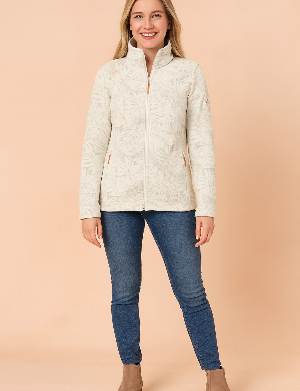 Women's off-white fleece jacket with subtle gray leaf print, high collar, full zip closure, and side zip pockets, styled for everyday casual wear