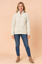 Women's off-white fleece jacket with subtle gray leaf print, high collar, full zip closure, and side zip pockets, styled for everyday casual wear