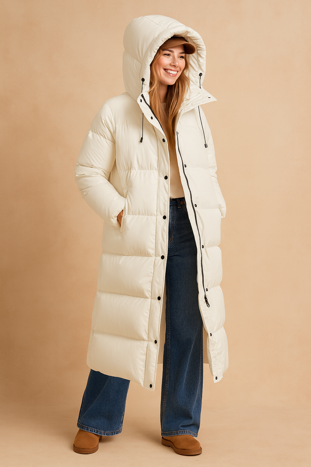 Women's long white puffer down jacket with hood, full-length design, front button and zipper closure, drawstring hood, and quilted padding for maximum warmth