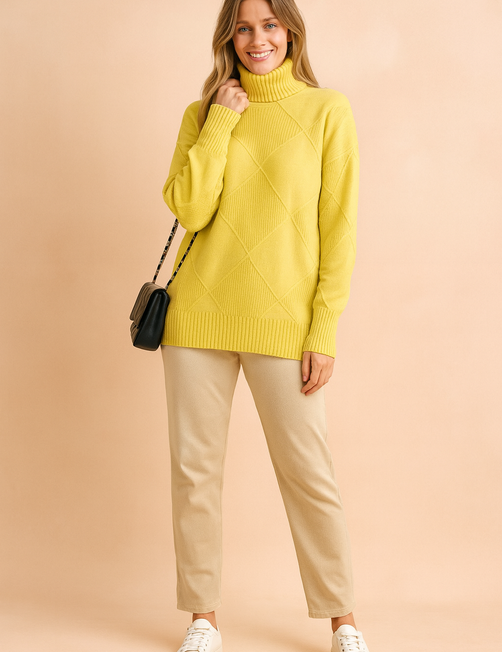 Yellow grid-pattern turtleneck sweater with textured diamond knit design, long sleeves, and relaxed fit for a stylish and cozy look.