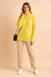 Yellow grid-pattern turtleneck sweater with textured diamond knit design, long sleeves, and relaxed fit for a stylish and cozy look.