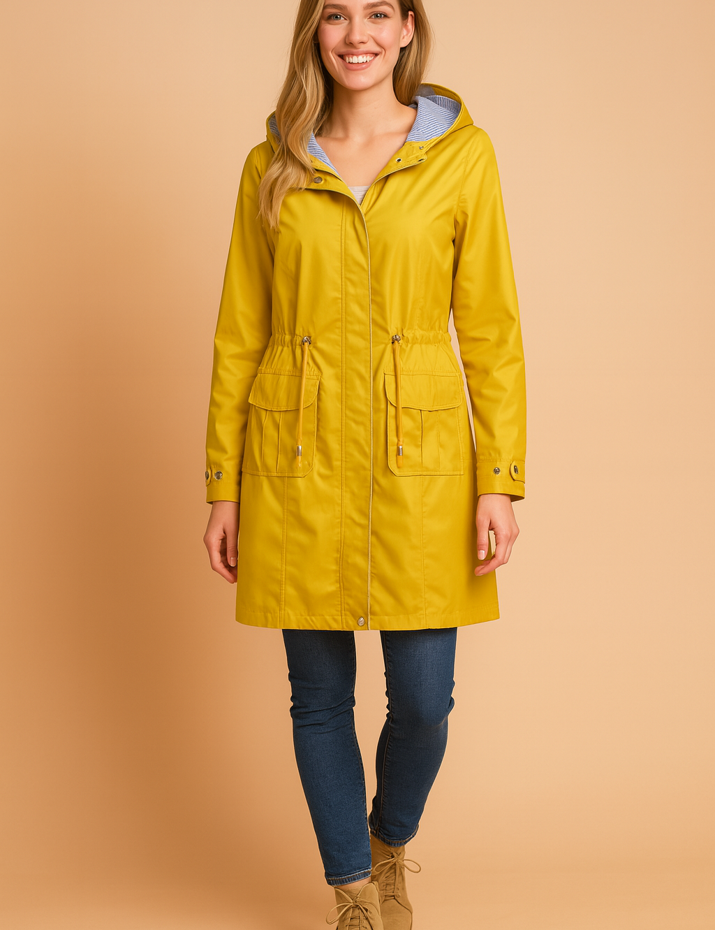 Bright yellow hooded raincoat with adjustable drawstring waist, front flap pockets, buttoned cuffs, and striped interior lining, designed for a stylish and practical waterproof outerwear look.