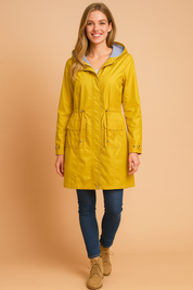 Bright yellow hooded raincoat with adjustable drawstring waist, front flap pockets, buttoned cuffs, and striped interior lining, designed for a stylish and practical waterproof outerwear look.
