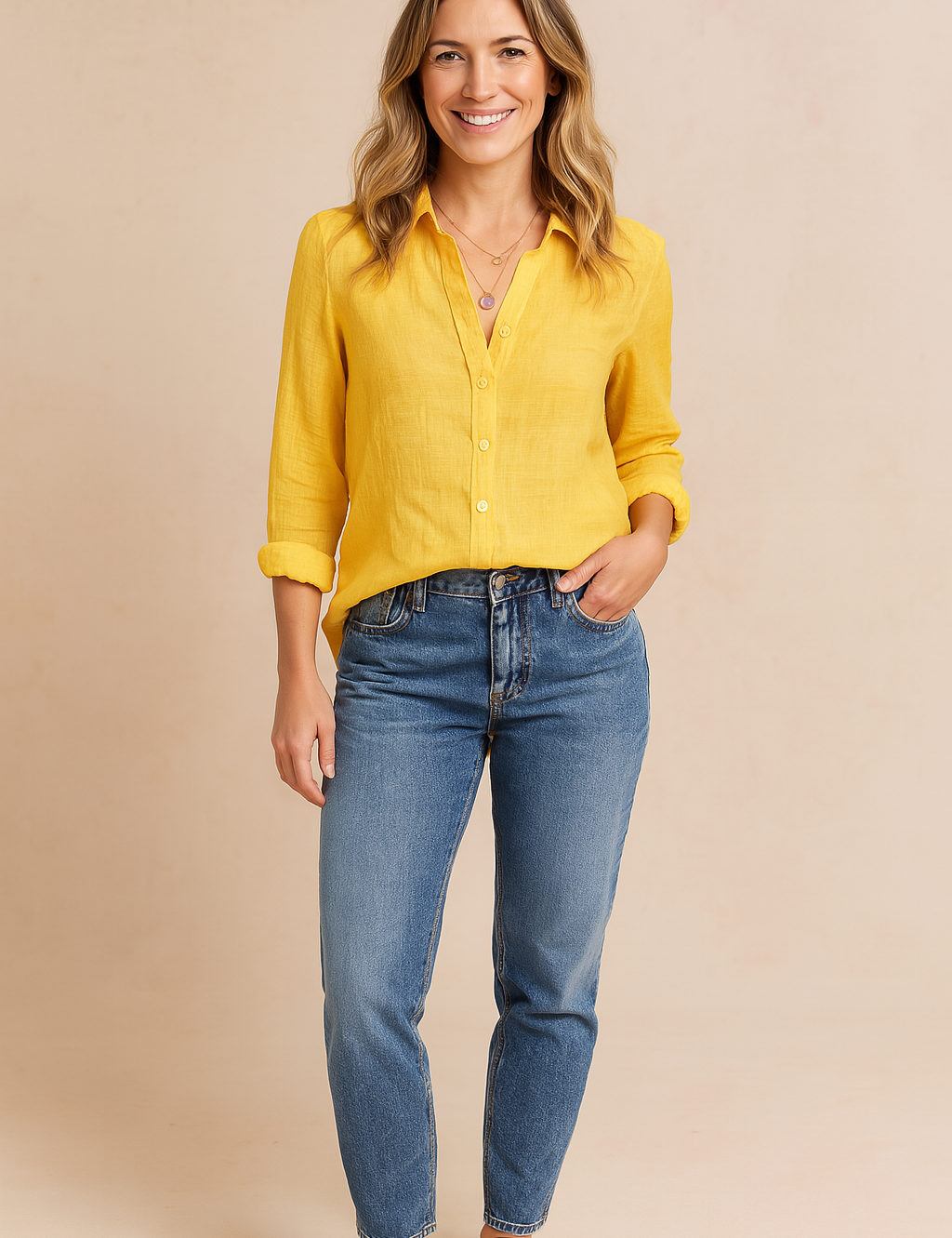 Bright yellow linen button-up shirt with long sleeves and a relaxed fit, paired with high-rise faded blue jeans in a casual tuck-in style.