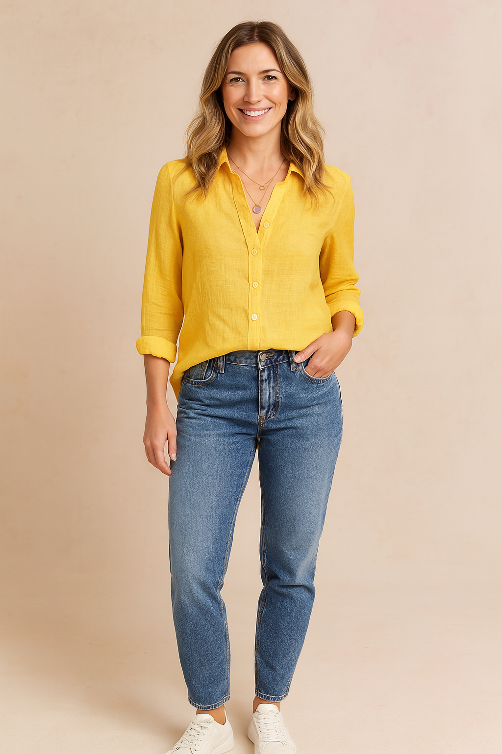 Bright yellow linen button-up shirt with long sleeves and a relaxed fit, paired with high-rise faded blue jeans in a casual tuck-in style.