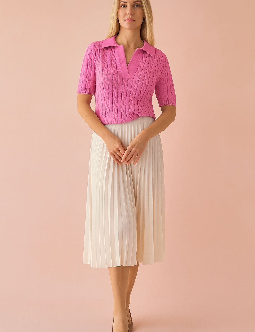 Bright pink cable-knit polo blouse with a collared neckline and short sleeves, paired with a high-waisted cream pleated midi skirt and beige heels.