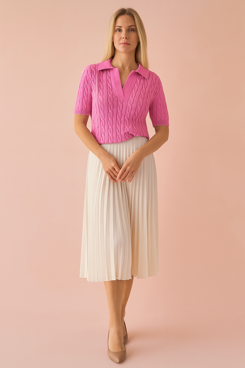 Bright pink cable-knit polo blouse with a collared neckline and short sleeves, paired with a high-waisted cream pleated midi skirt and beige heels.