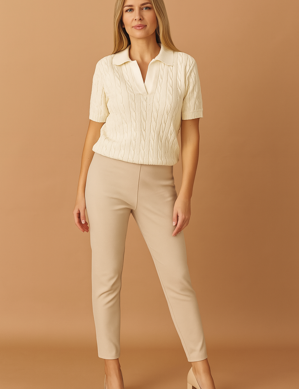 Cream cable-knit short sleeve polo top styled with tailored beige trousers and block-heeled nude pumps, ideal for casual-chic daytime outfits.