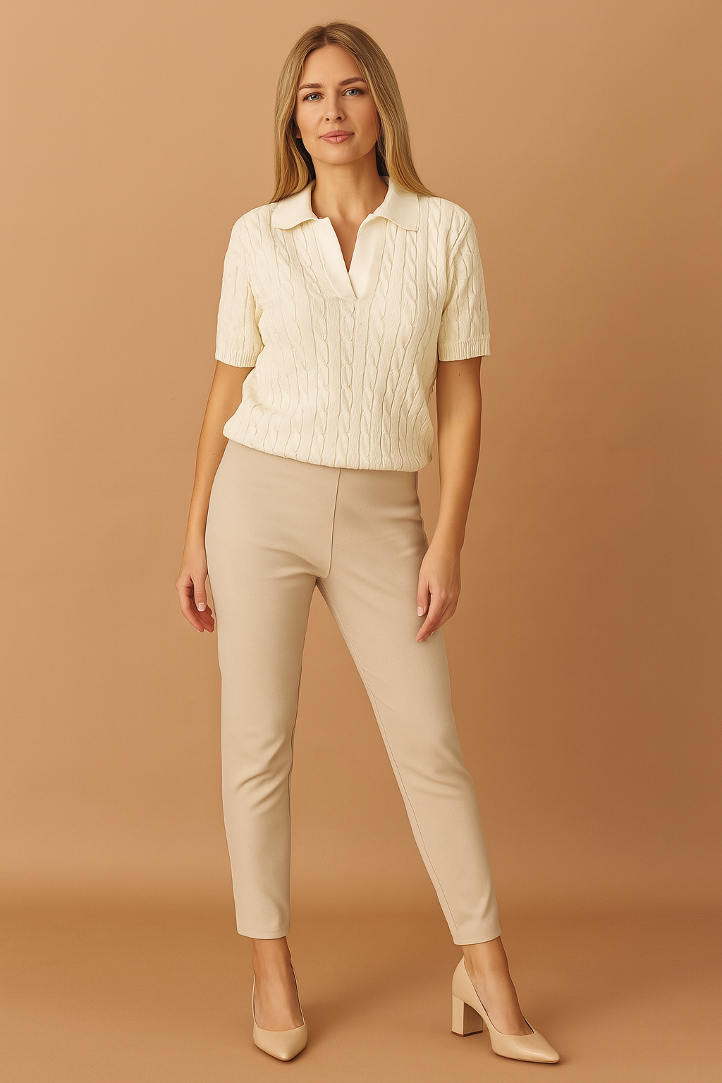 Cream cable-knit short sleeve polo top styled with tailored beige trousers and block-heeled nude pumps, ideal for casual-chic daytime outfits.